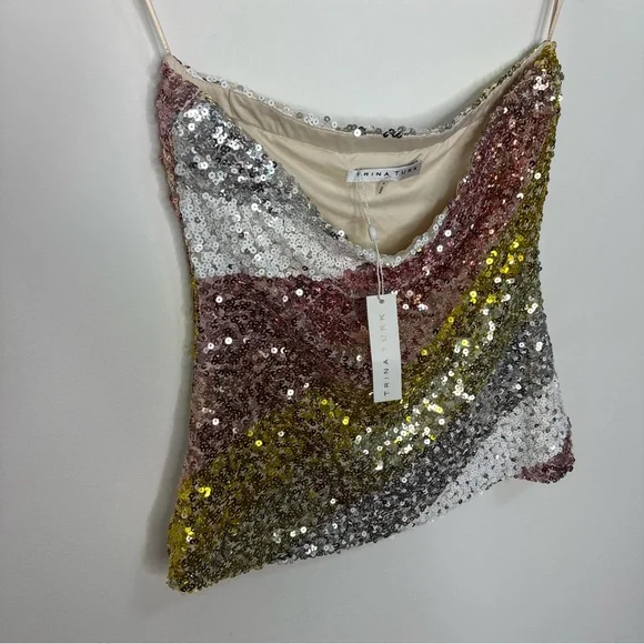 Trina Turk Sequin Strapless Top in Gold, Pink, and White - Picture 8 of 10